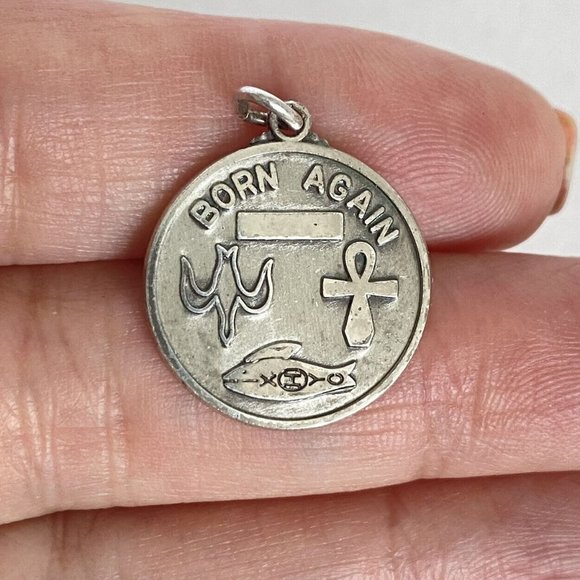 Born Again Medal Pendant Charm Creed Sterling 3/4in - Picture 1 of 4